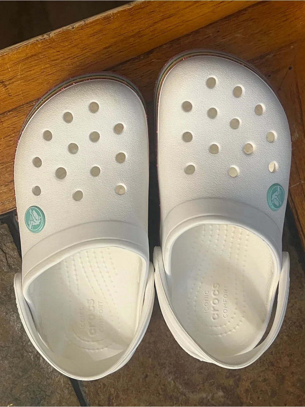 CROCS Kids Classic Clogs in White with Teal Accents
